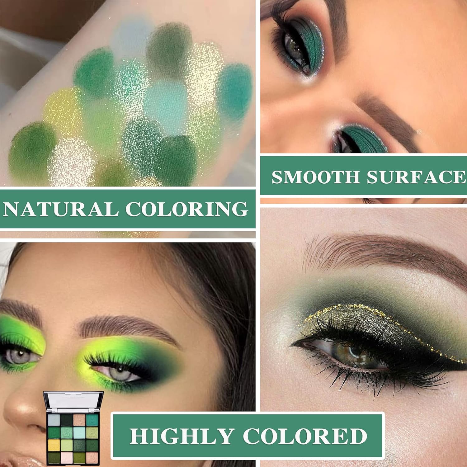 16-Color Green Shimmer Eyeshadow Palette Waterproof Matte Metallic Makeup Powder Set - Image 3