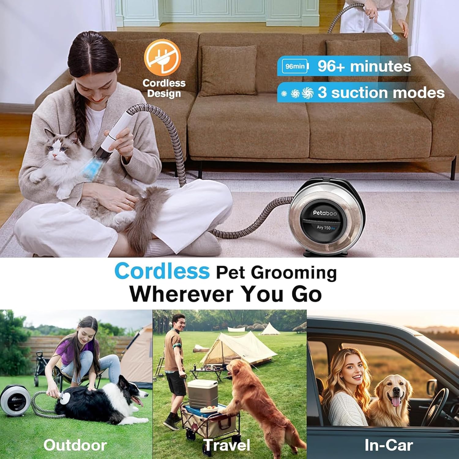 Cordless Dog Grooming Vacuum with 5 Tools, 2.2L Dust Cup, Low Noise for Home and Car - Image 2