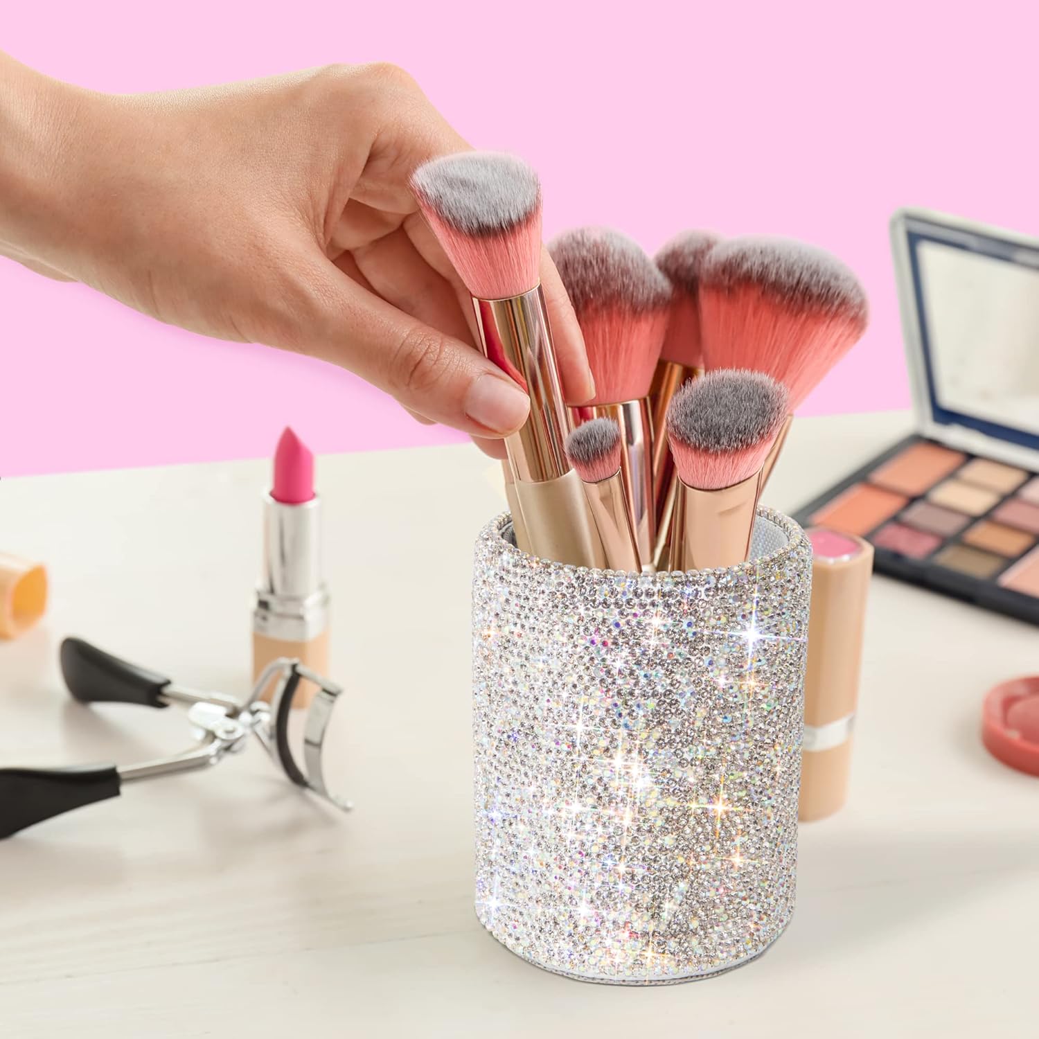 TISHAA Bling Cup Holder Organizer for Office Desk – Rhinestone Glitter Makeup Brush Storage Container - Image 6