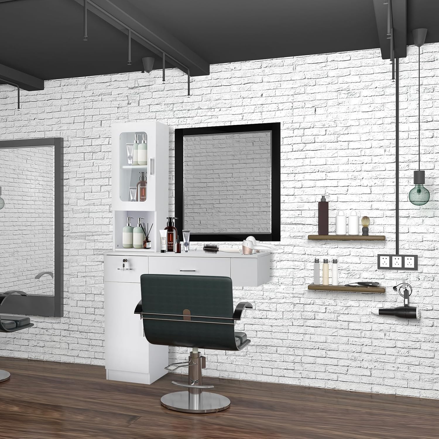 Winado Wall Mount Barber Salon Station and Makeup Vanity Desk with Storage Cabinet and 2 Drawers, White - Image 9