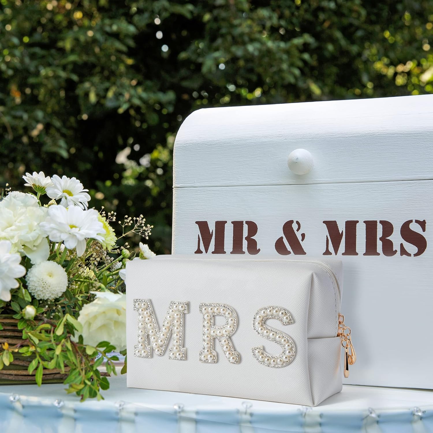 Y1tvei Bridal Makeup Bag with Rhinestone Patches, PU Leather Travel Toiletry Bag for Engagement Gifts - Image 6