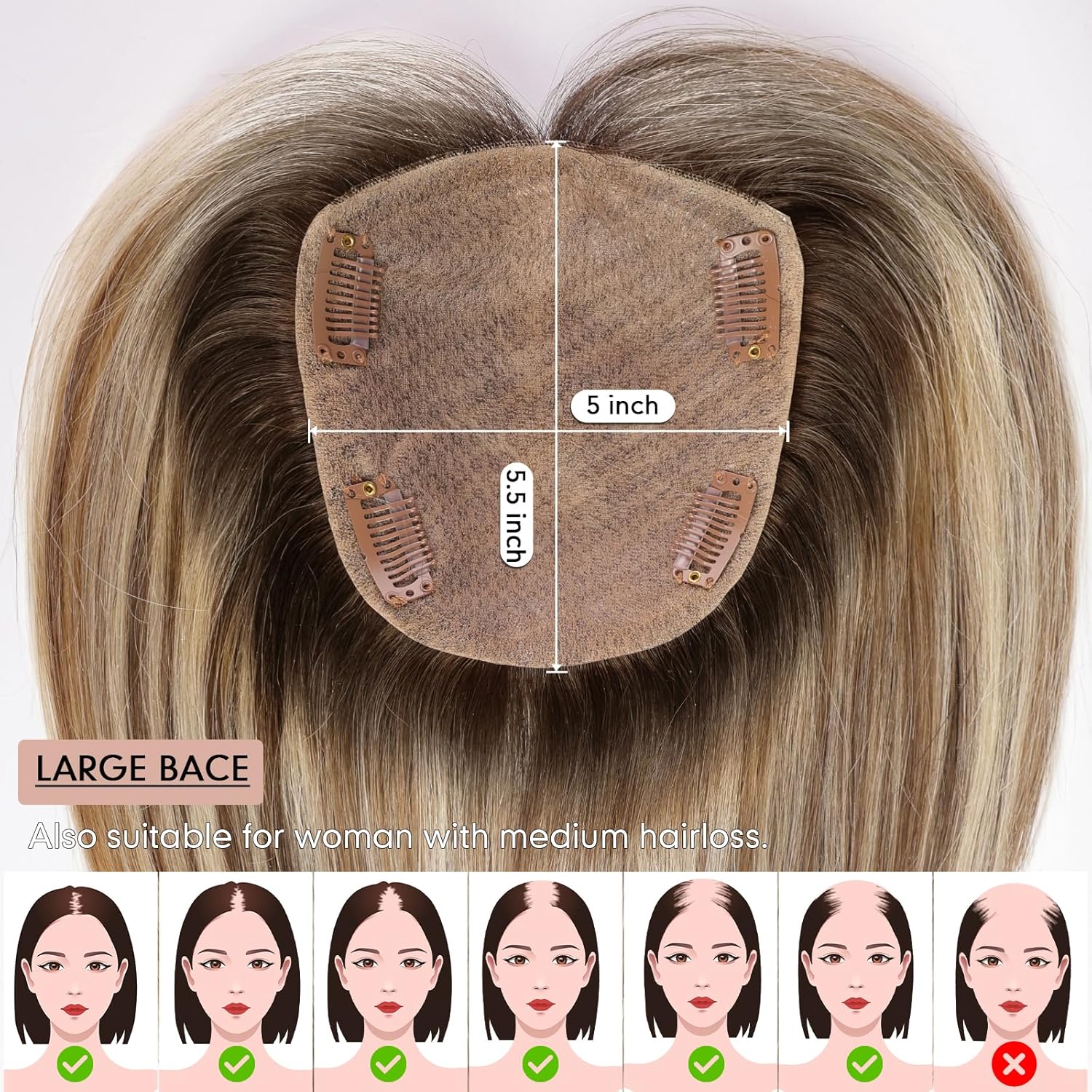 Starluck 5 Inch Brown Blonde Highlight Real Human Hair Topper for Women - Image 2