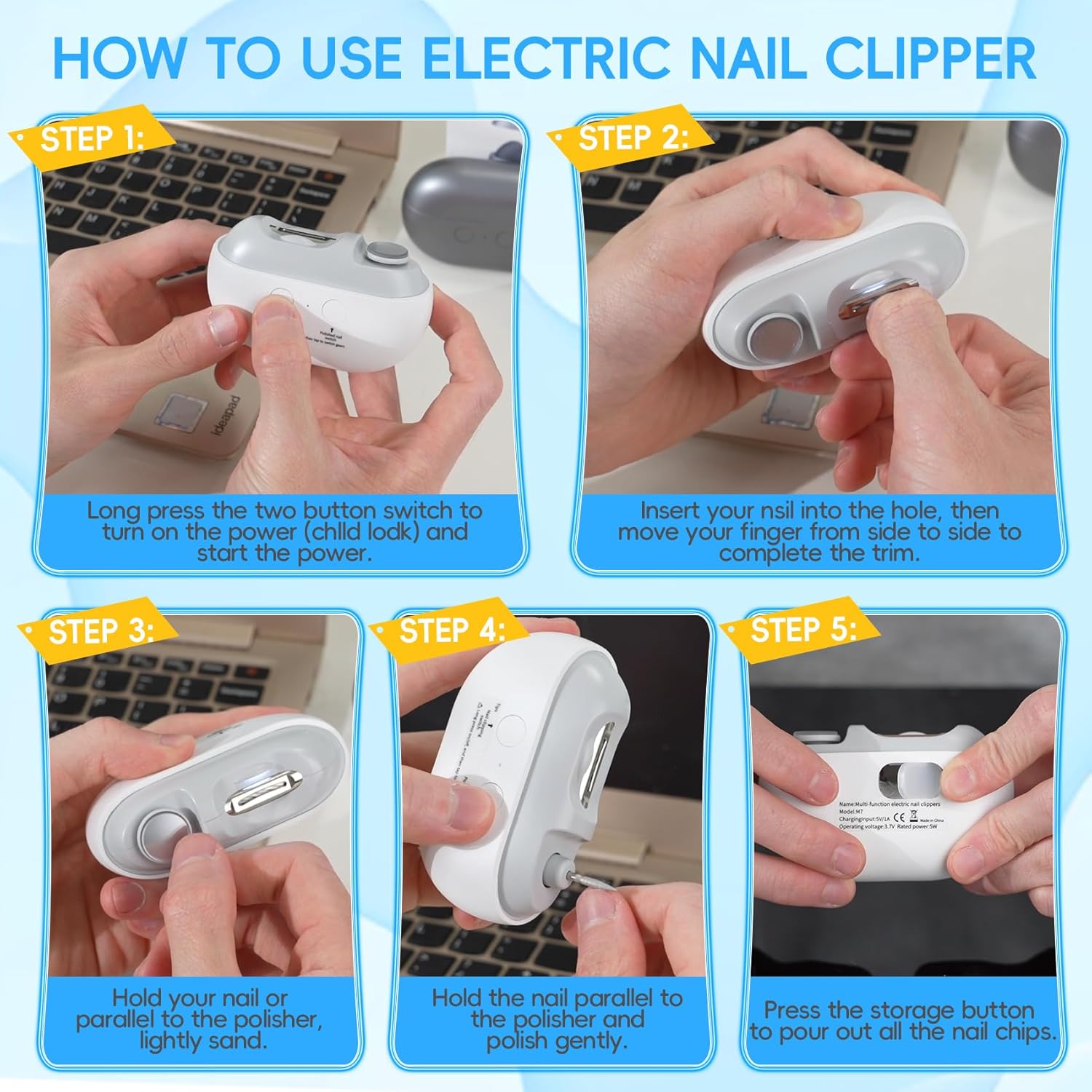Rechargeable Electric Nail Trimmer 3-in-1 Clipper, Polisher, and File, Frosted White - Image 6