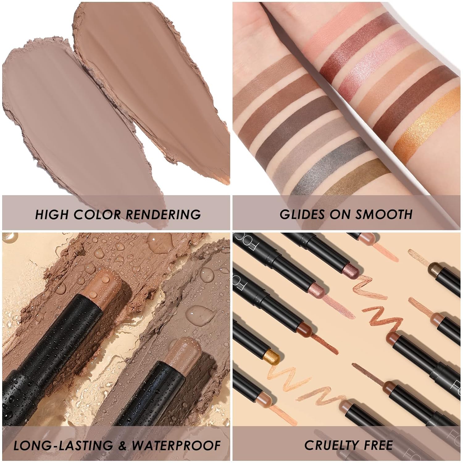 FOCALLURE 2 Piece Smoky Brown Waterproof Cream Eyeshadow Stick Set Long Lasting - Image 7