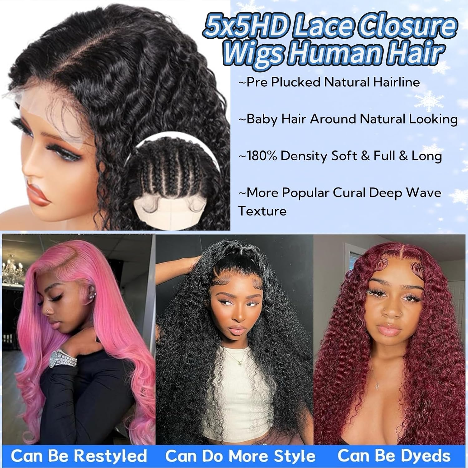26 Inch Deep Wave 5x5 HD Lace Front Glueless Human Hair Wig 180% Density - Image 3