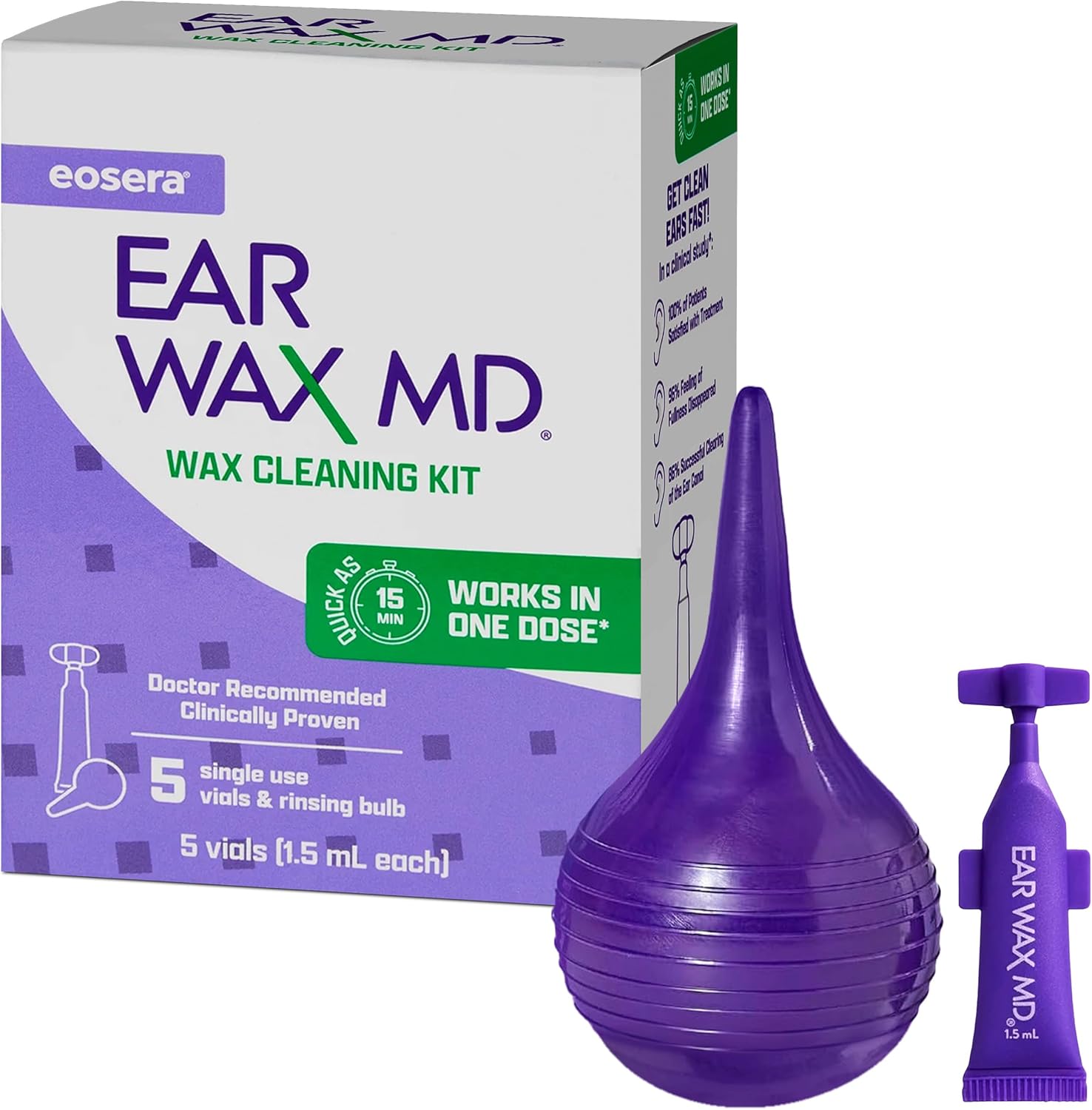 eosera® Ear Wax MD® Cleaning Kit - Fast-Acting Ear Wax Removal Drops & Rinse Bulb - Doctor Recommended, Clinically Proven Earwax Dissolver for Adults & Kids - Works in 15 Minutes