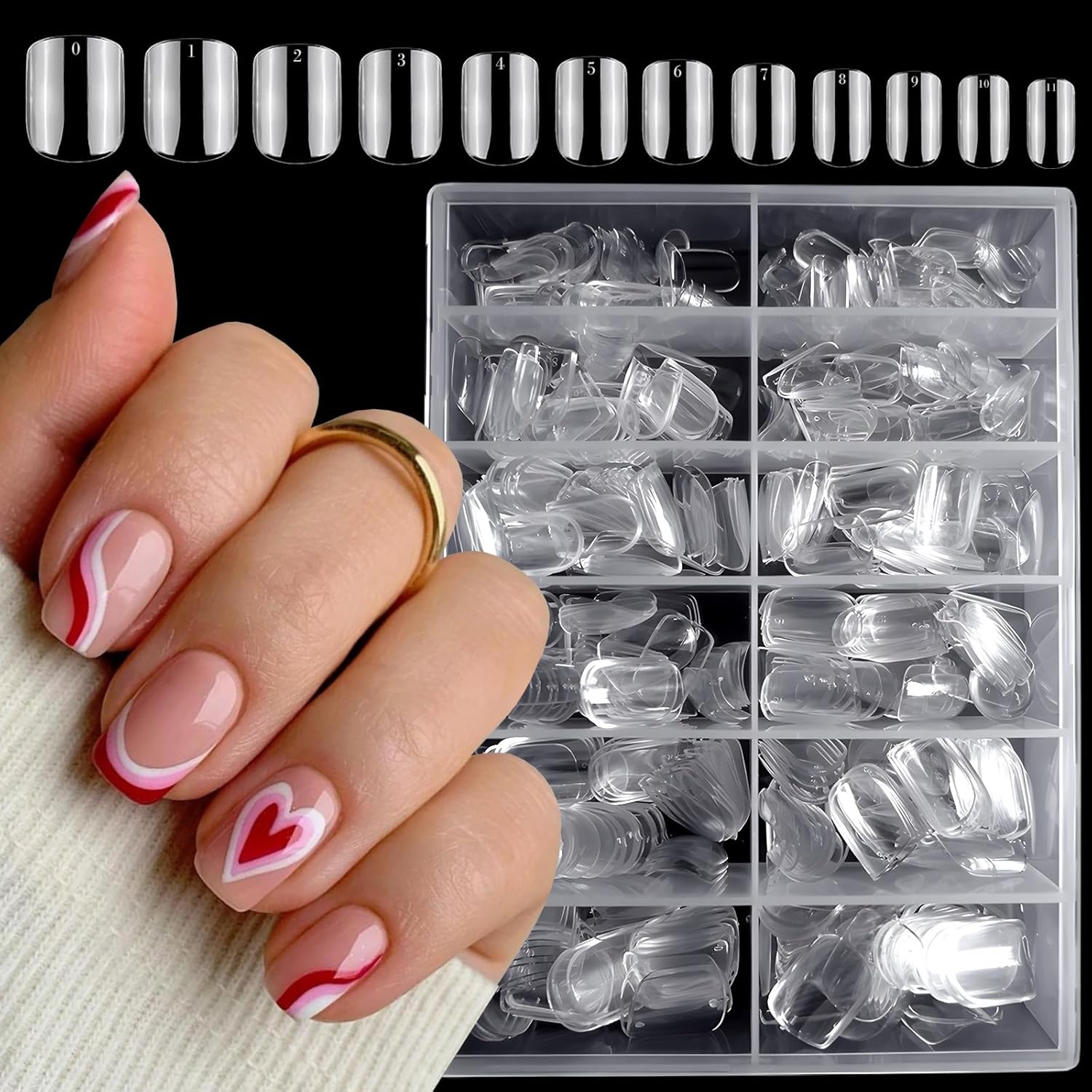 LoveOurHome 600pc Short Round Square Nail Tips Clear Fake Nails Press ons Nail Short Square Soft Gel Acrylic Nail Tip Full Cover Artificial False Fingernails 12 Sizes for Women Teen Girls Kids