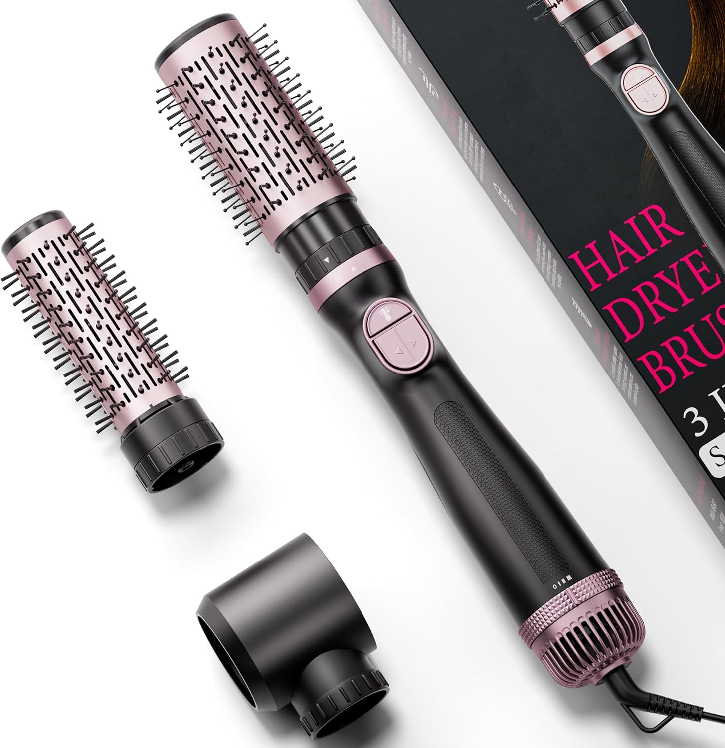Blow Dryer Brush, 3-in-1 Rotating Hair Dryer Brush with 3 Heads for Drying Styling Volumizing Curling Sleeking in One Step for Long Hair, 3 Temperatures, Negative Ionen, Ceramic Coating, 360° Rotating