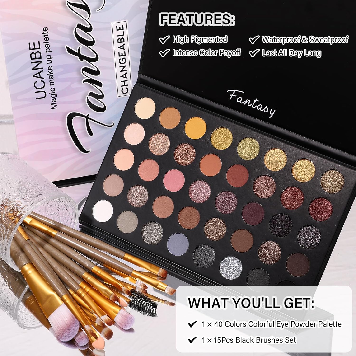 Neutral Naked Nude Smokey Eyeshadow Palette Makeup Kit Matte Glitter Shades with Brushes - Image 2