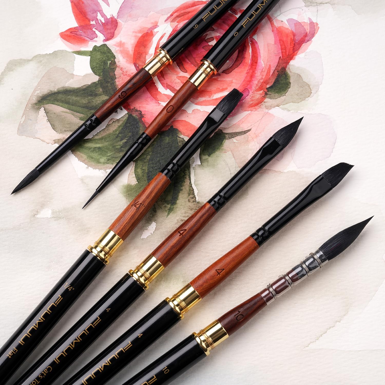 Fuumuui 6pc Natural Squirrel Hair Watercolor Brush Set with Graphite Tip Pen - Image 5