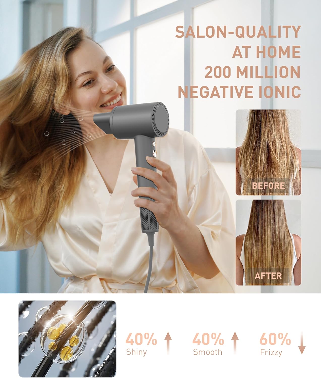 Professional Ionic Hair Dryer for Women, 110000 RPM High-Speed Blow Dryer, Magnetic Nozzle, Gray - Image 2