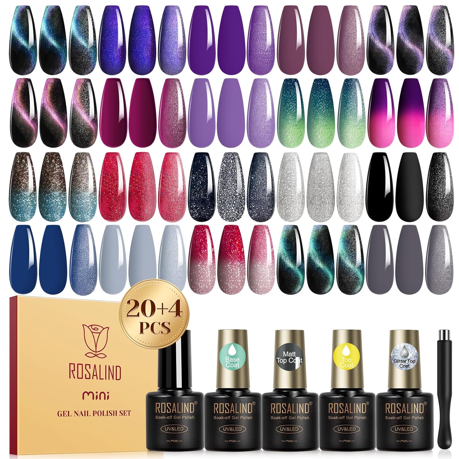 ROSALIND 24PCS Cat Eye Gel Nail Polish Set with Glitter Glossy Matte Top Coat Base Coat, Color Changing Glitter Shinny Effect Magic Gel Polish Set Soak Off Nail Gel Polish Nail Art