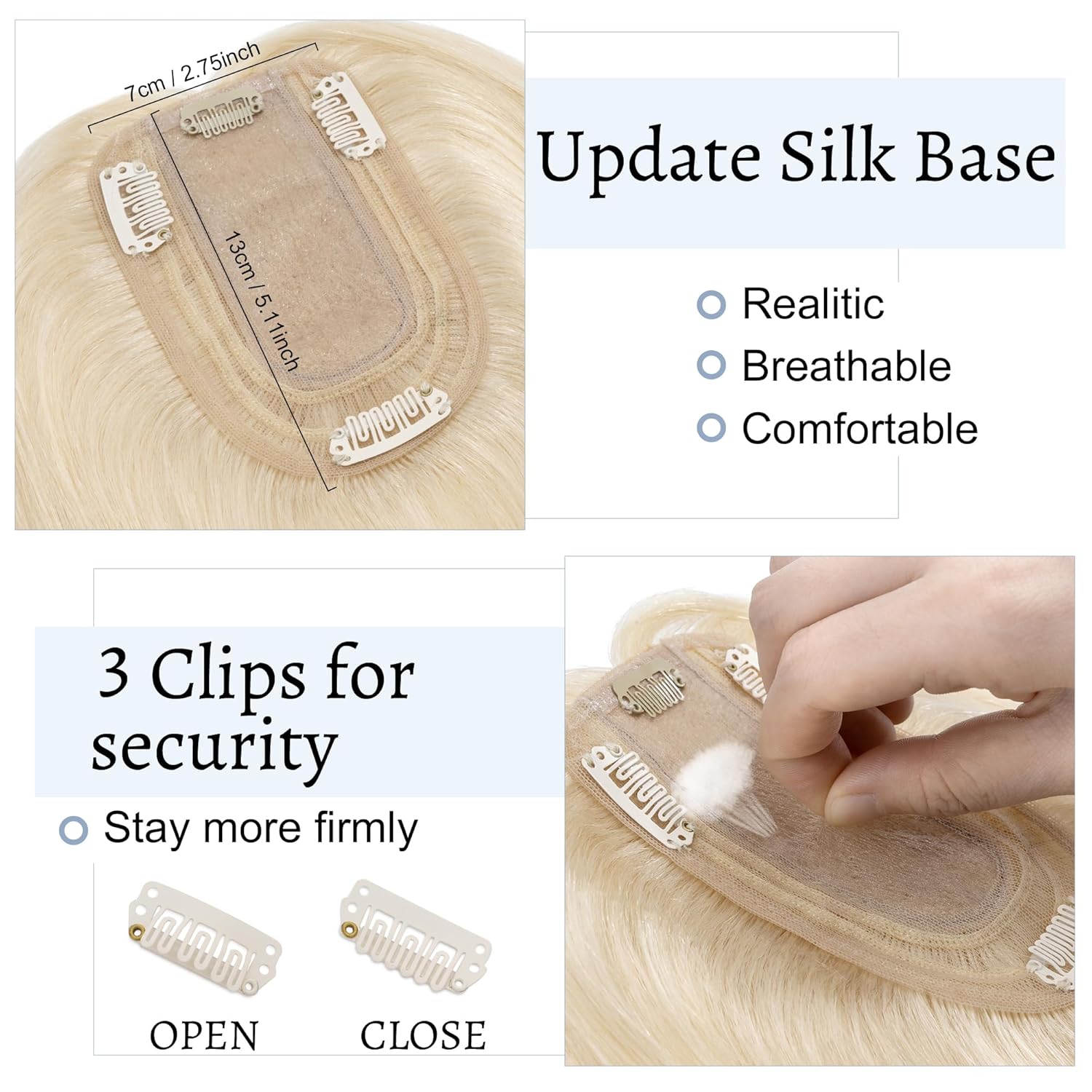 Platinum Blonde 6 Inch Human Hair Topper 7x13 CM Silk Base, Clip In, New Condition - Image 4