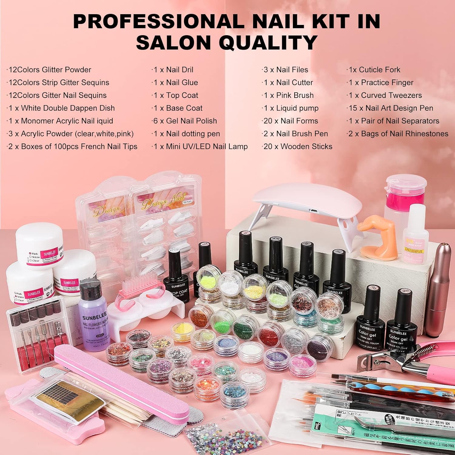 Professional Acrylic Nail Kit with UV Light, Gel Polish, Drill, Art Tips and Decorations for DIY Nail Art - Image 2