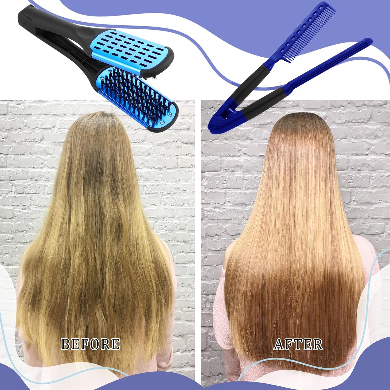 CHENGU 2-Piece Hair Straightening Comb Set, Boar Bristle, Double-Sided, Blue and Black - Image 6