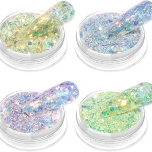 Allstarry Nail Glitter 4 Colors Acrylic Nail Art Sparkling Powder Sequin Hexagon Macaron Iridescent Ultra-Thin Nail Flakes for Gel Polish, Face, Eyes, Body, Hair, Jewelry, DIY Decoration