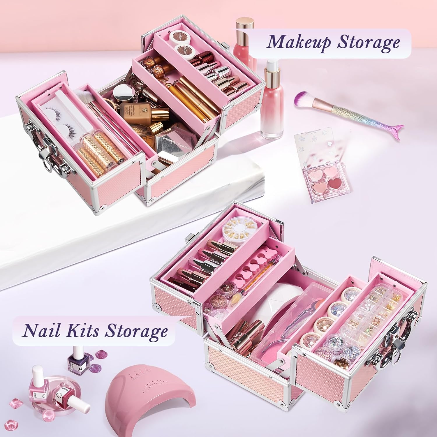 FRENESSA Mermaid Pink Portable Makeup Train Case Organizer with Locking Nail Kit - Image 7