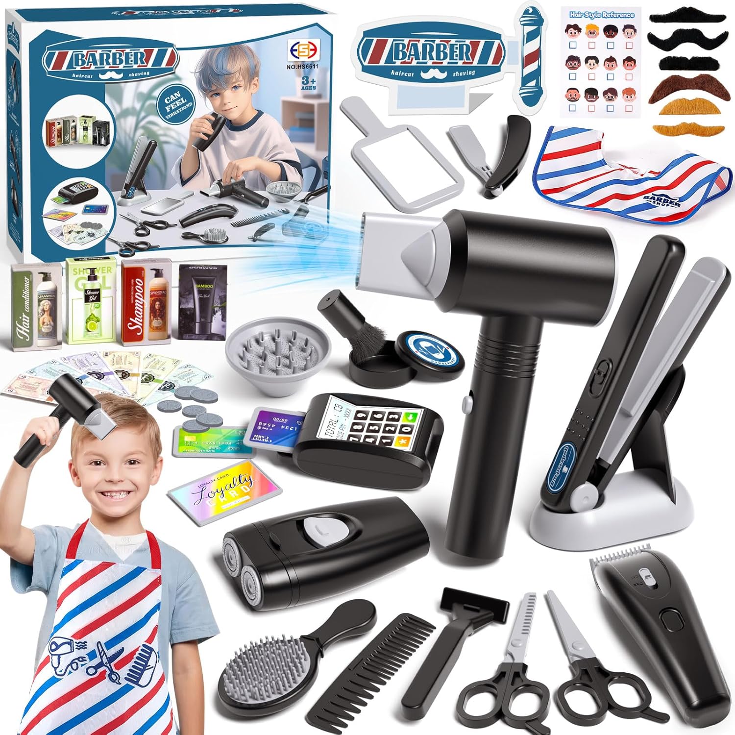 G.C 52Pcs Kids Hair Salon Toys Barber Kit Toddler Pretend Play Hair Cutting Boys Shaving Set with Hairdryer Shaver Razor Flat Iron Clipper Apron Scissors Styling Accessories Birthday Gifts