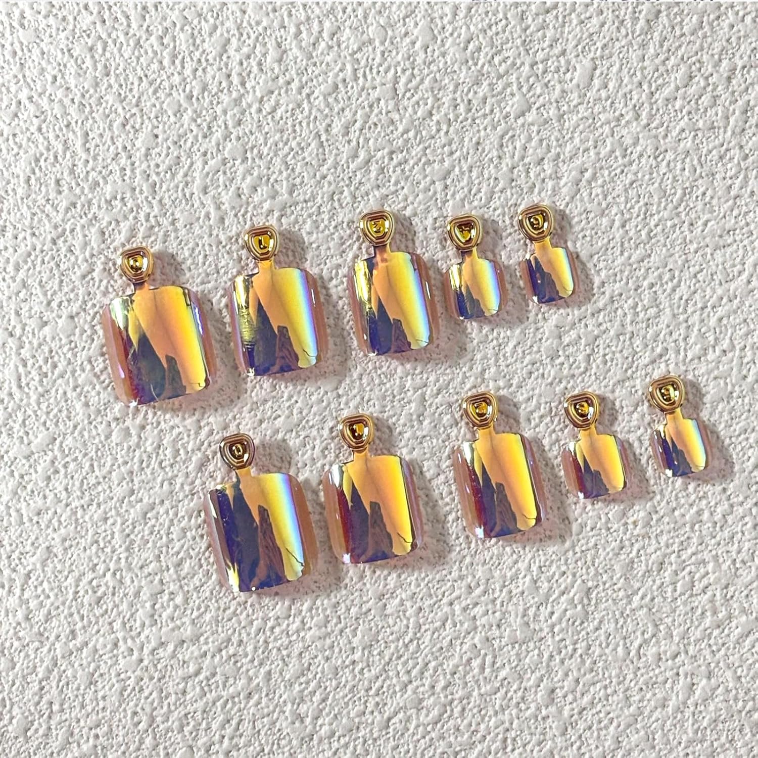 24 Pc Gold Glossy Chrome Press-On Toenails Short Square Acrylic Full Cover with Aurora Powder Designs - Image 4