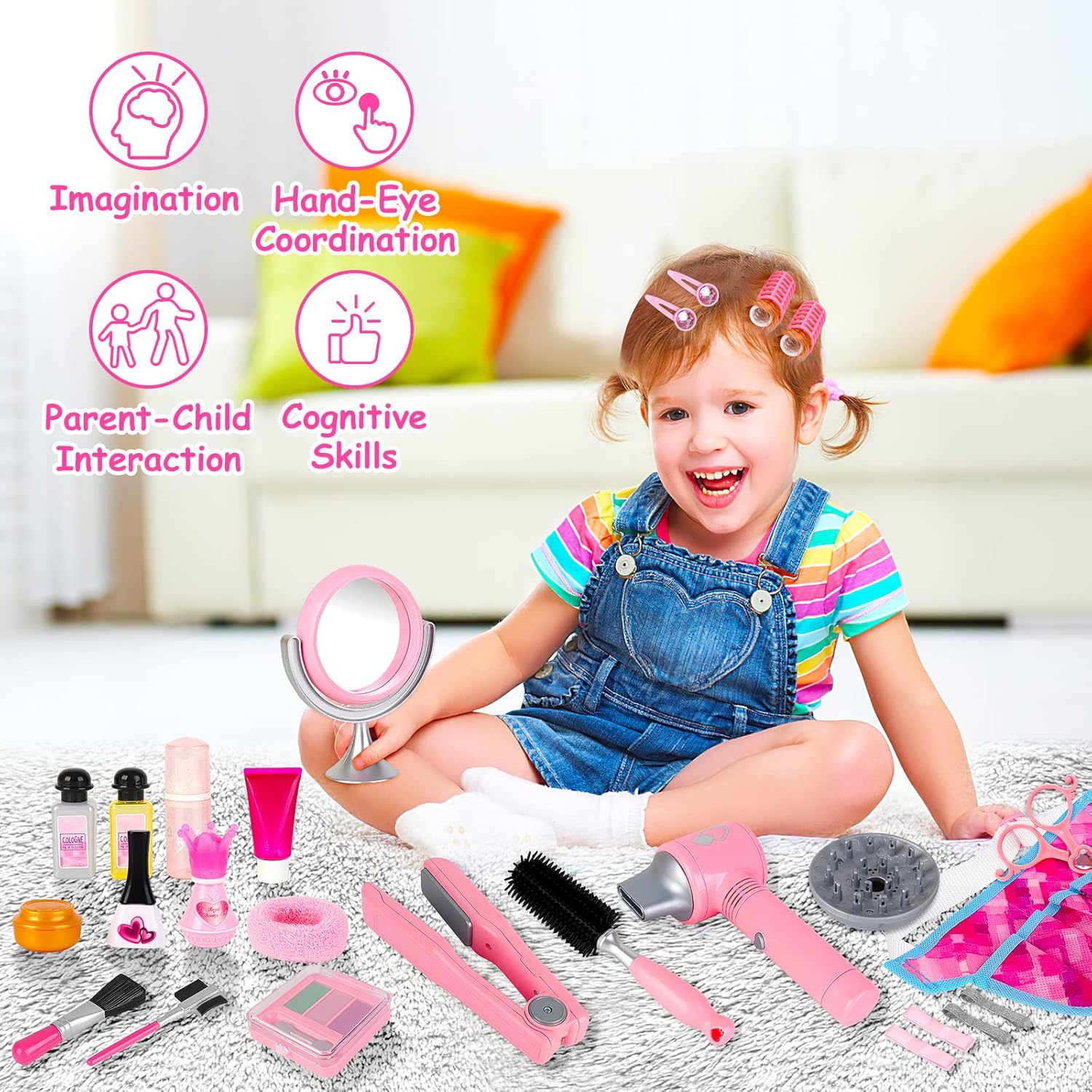 DeAO 10-Piece Girls' Hair Salon Toy Set with Working Toy Hairdryer and Accessories - Image 3