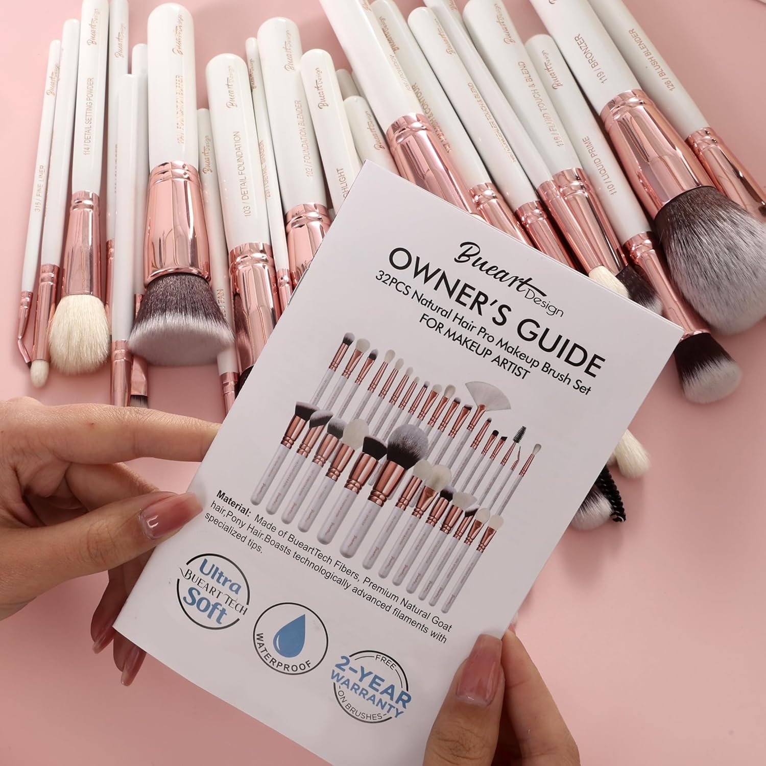 Bueart Design 32-Piece Luxury Goat and Horse Hair Makeup Brush Set Pearl White - Image 5