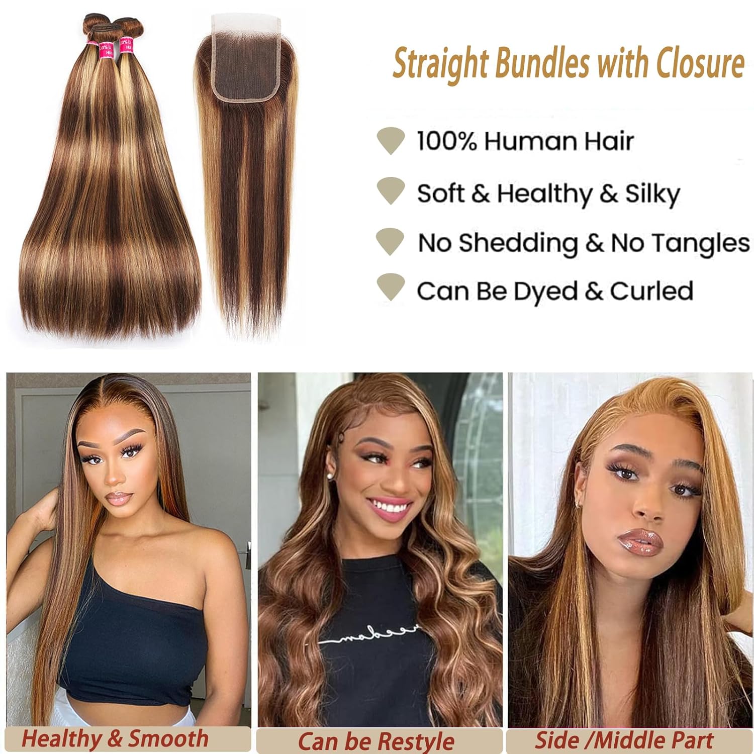 Honey Brown Ombre Human Hair Bundles with 4x4 Closure Soft Straight 3 Bundles 12 14 16 Inch - Image 2