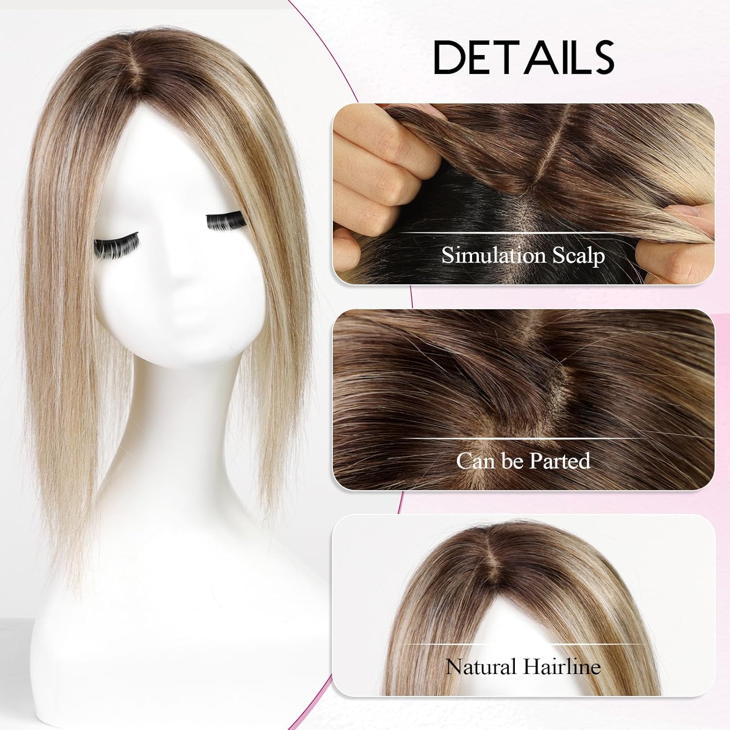 EMMOR 12 Inch Ombre Blonde Human Hair Topper, 5"x6" Big Base for Women - Image 3