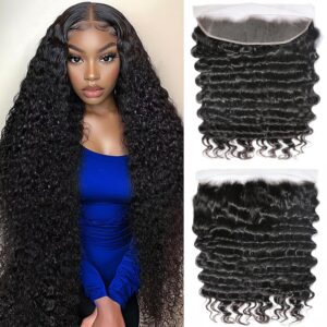 12A 13x4 HD Lace Frontal Human Hair 20 Inch Deep Wave Frontal Pre Plucked with Baby Hair 200% Density Ear to Ear 13x4 HD Lace Closure 100% Virgin Deep Wave Human Bundles Free Part Natural Black Color