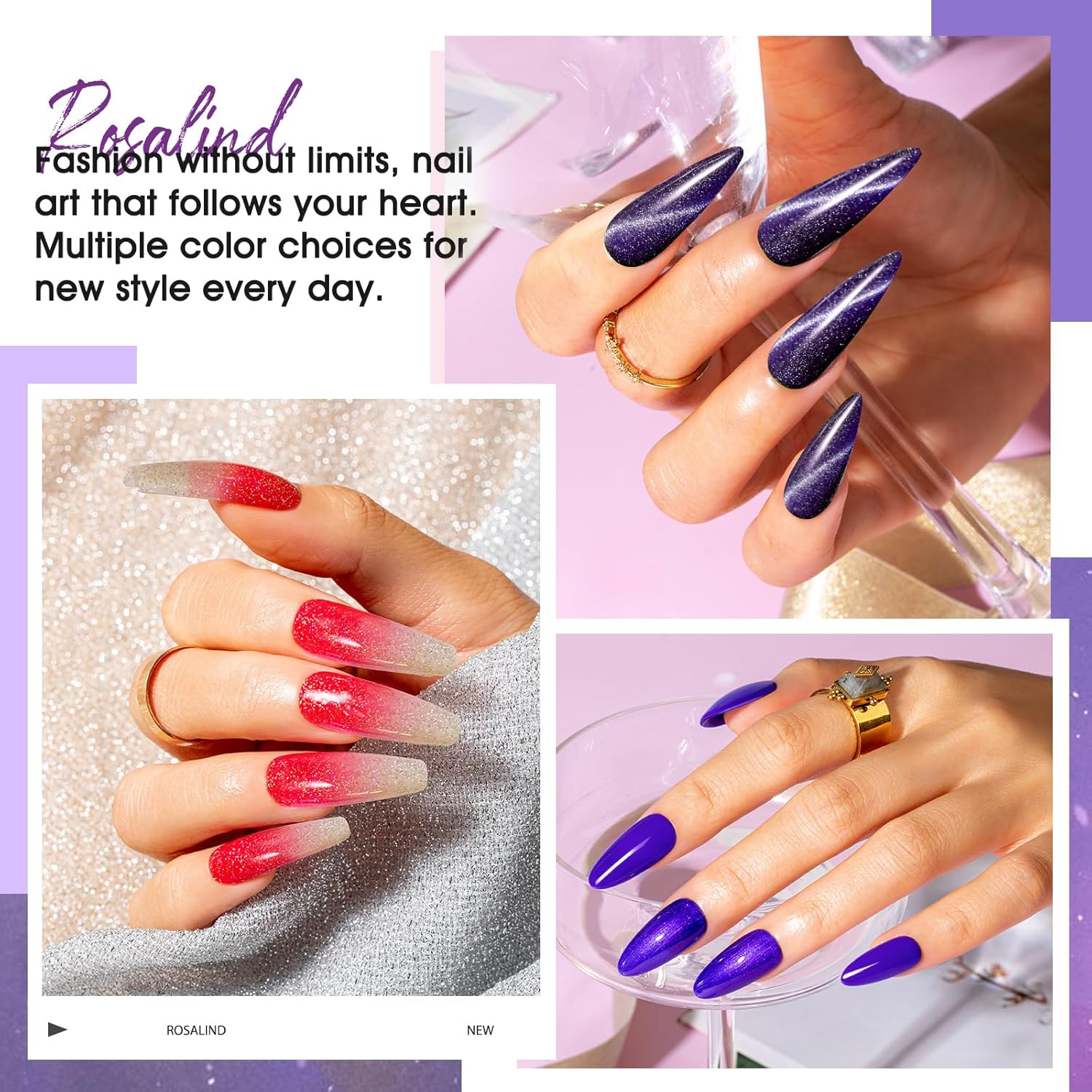 ROSALIND 24-Piece Cat Eye Gel Nail Polish Set with Glitter and Color Changing Effects - Image 5