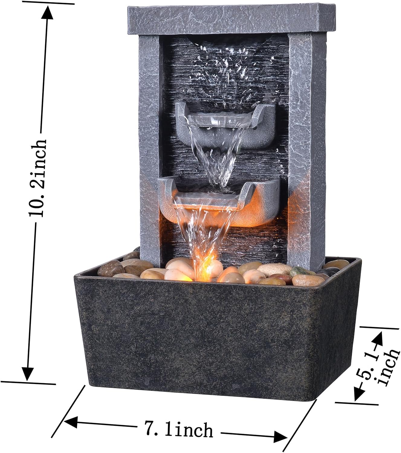 GOSSI 10.3 inch Indoor Waterfall Fountain with Reflective Lighting and River Rocks for Home and Office Decor - Image 2