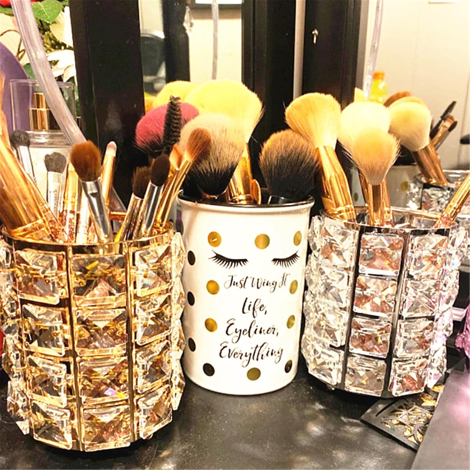 LUGUNU 2-Pack Elegant Makeup Brush Holder Vanity Organizer with Golden Crystal Bling - Image 5