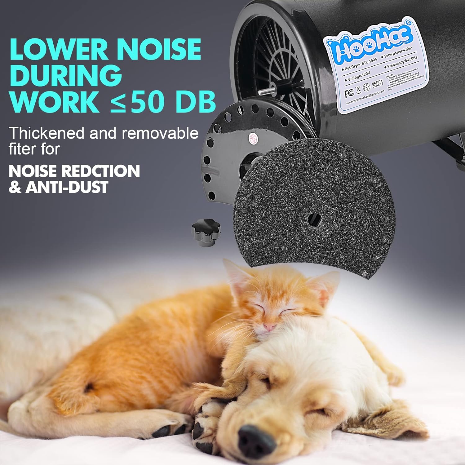 4.5HP Pet Grooming Hair Dryer with Adjustable Speed, Heat Control, 4 Nozzles, Comb, Towel, Glove - Black - Image 4