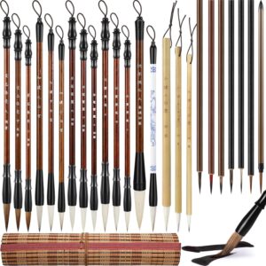 Resurhang 24 Pcs Chinese Calligraphy Brush Set Watercolor Brushes Bulk with Roll up Bamboo Brush Holder Writing Drawing Brushes for Kanji, Japanese Sumi, Drawing, Writing, Painting, Art Supplies