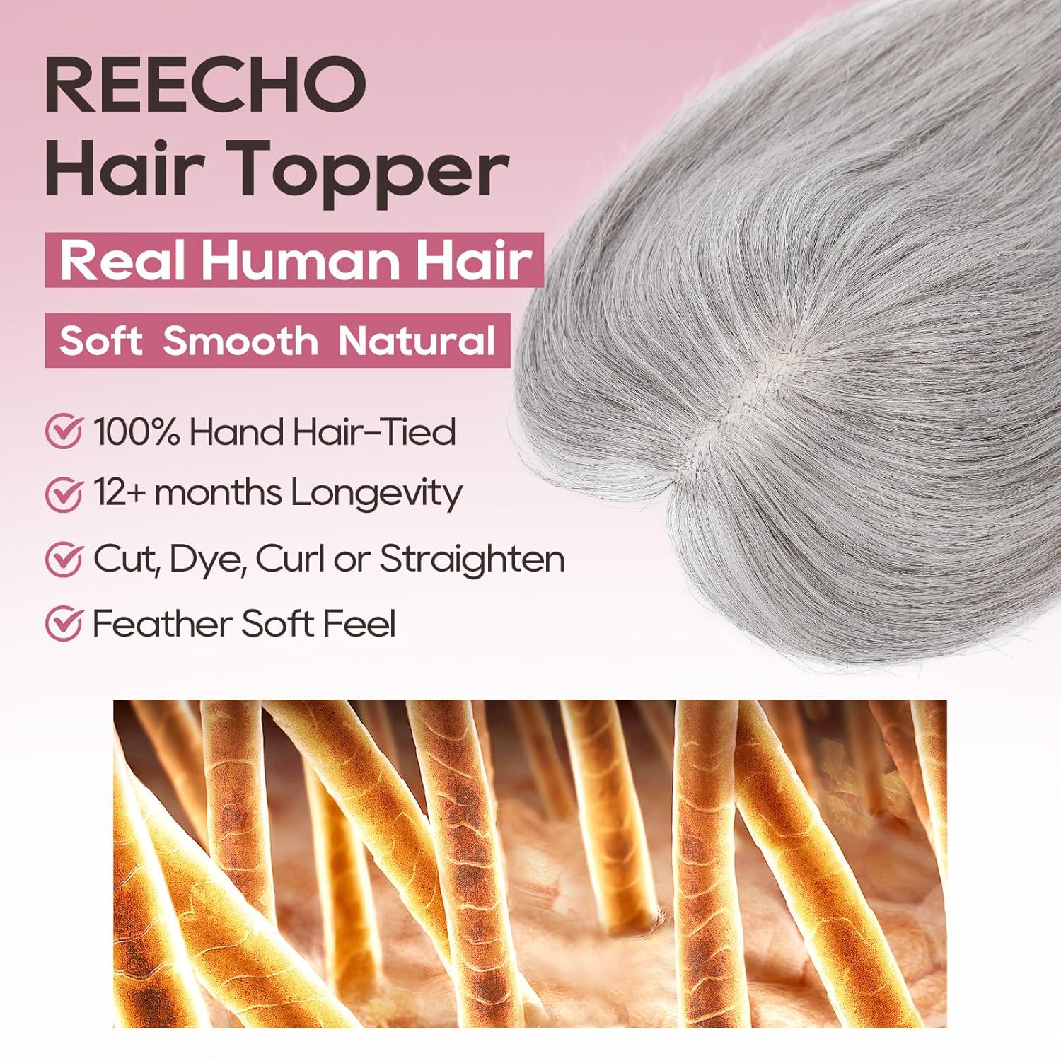 RECHO 360° Seamless Human Hair Topper with Bangs, Gray, 10" x 10" - Image 2