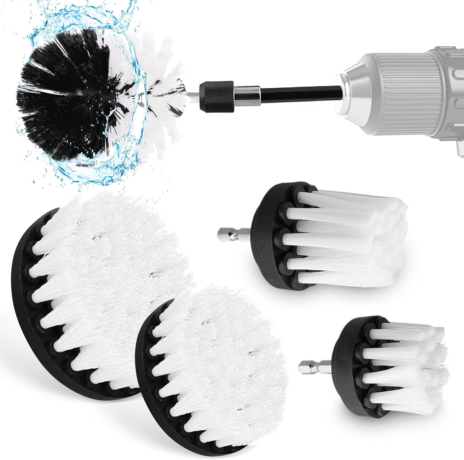 ABN 1/4in Drive Nylon Power Scrubber Drill Brush Attachment 5pc Set with 1pc Extension - Shower Cleaner, Spa Hot Tub Scrubber, Carpet Brush, Grout Cleaner for Home and Auto Car - White Soft Bristle