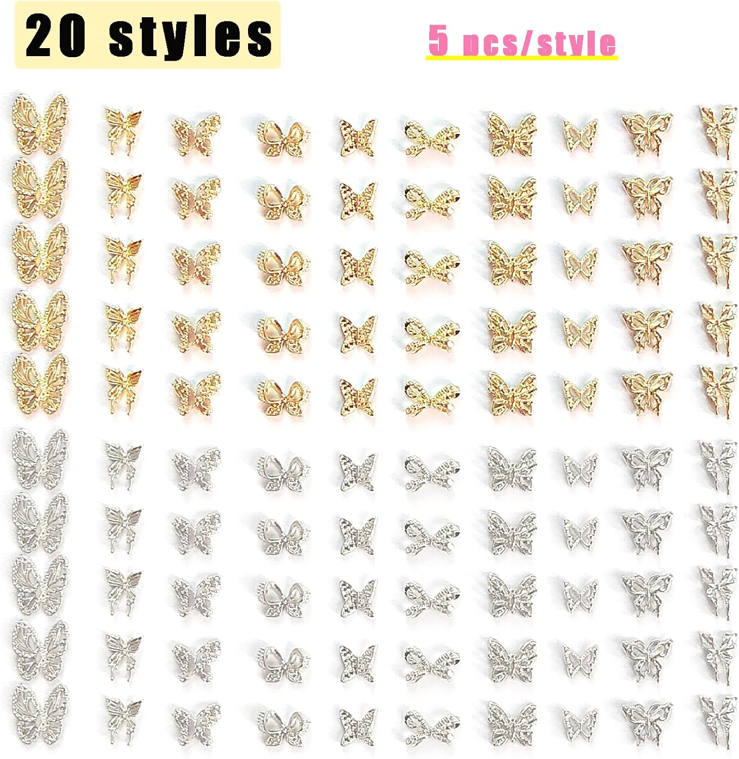 100 Piece Gold Silver 3D Butterfly Nail Art Charms for Acrylic Nails - Image 2