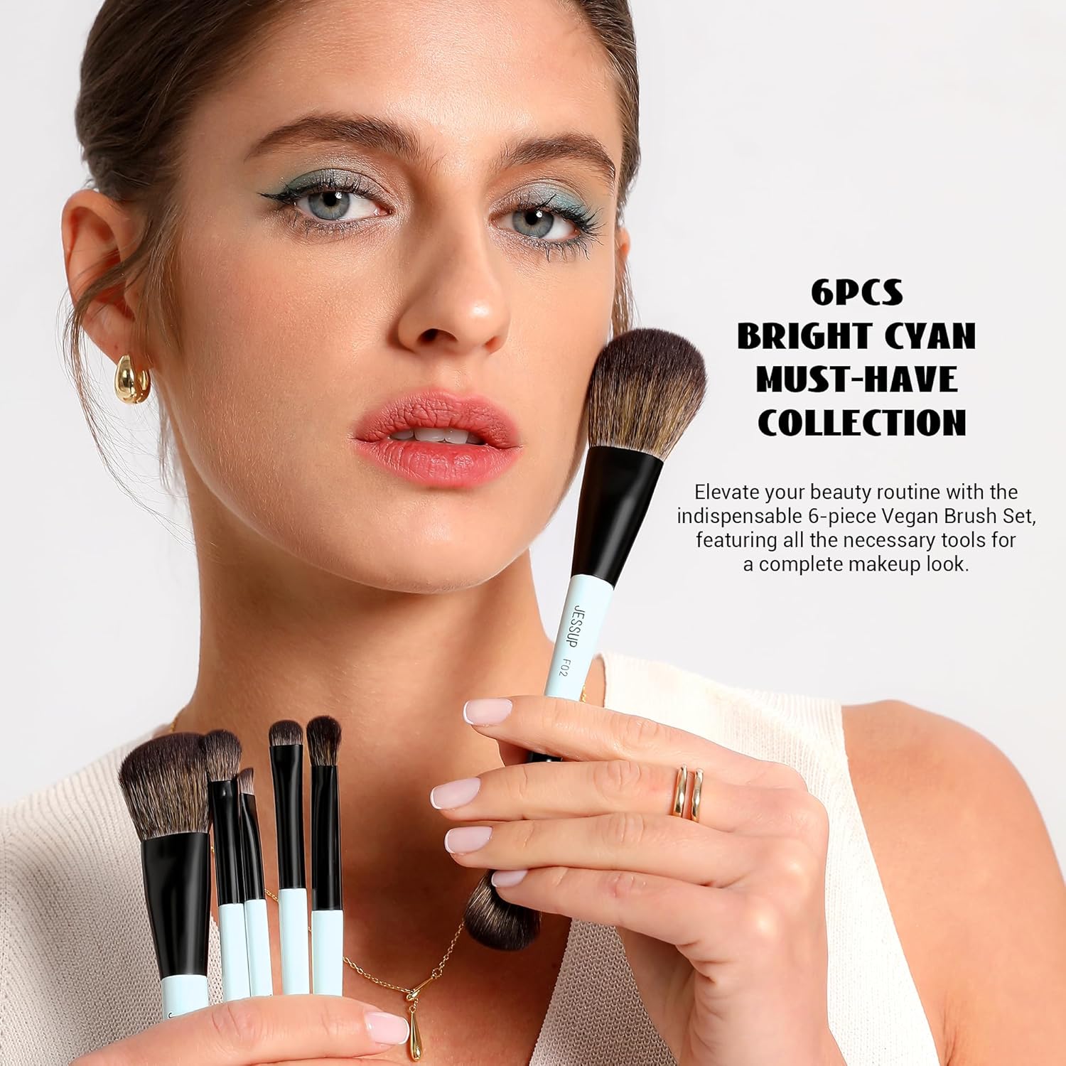 Jessup 6 Piece Double Sided Vegan Makeup Brush Set Bright Cyan - Image 3