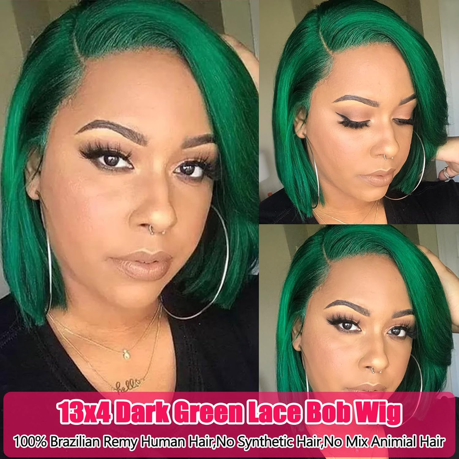 Glueless Dark Green Lace Frontal Bob Wig, Short Straight 14 Inch Human Hair, 180% Density - Image 3