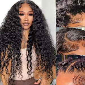 Deep Wave Lace Front Wigs Human Hair 5x5 Hd Lace Closure Wigs Human Hair Glueless Wigs Human Hair Pre Plucked 180% Density Wet and Wavy Deep Curly Wig For Women 26 Inch