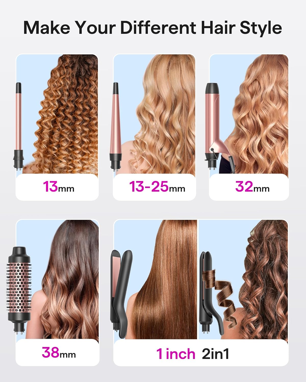 Wavytalk 5 in 1 Curling Iron Set with Thermal Brush and 4 Ceramic Wands, Rose Gold - Image 2