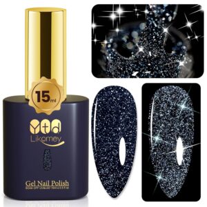 YTD Likomey Reflective Glitter Gel Nail Polish,15ml Black Flash Diamond Shimmer Nails Gel,Dark Blue Tone Black Spring Summer Sparkly Shiny Salon Home Nail Art Manicure UV Nail Gel,SZ010