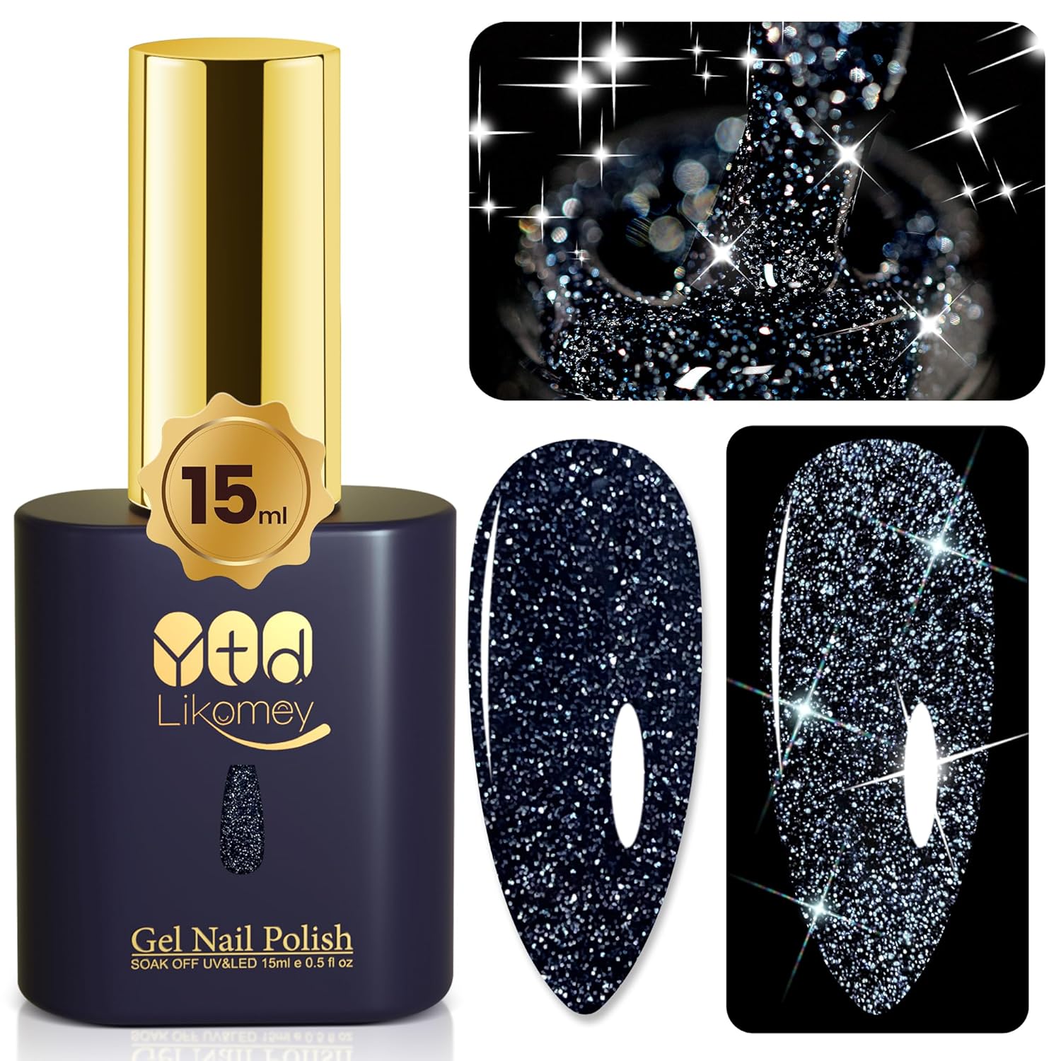 YTD Likomey Reflective Glitter Gel Nail Polish,15ml Black Flash Diamond Shimmer Nails Gel,Dark Blue Tone Black Spring Summer Sparkly Shiny Salon Home Nail Art Manicure UV Nail Gel,SZ010