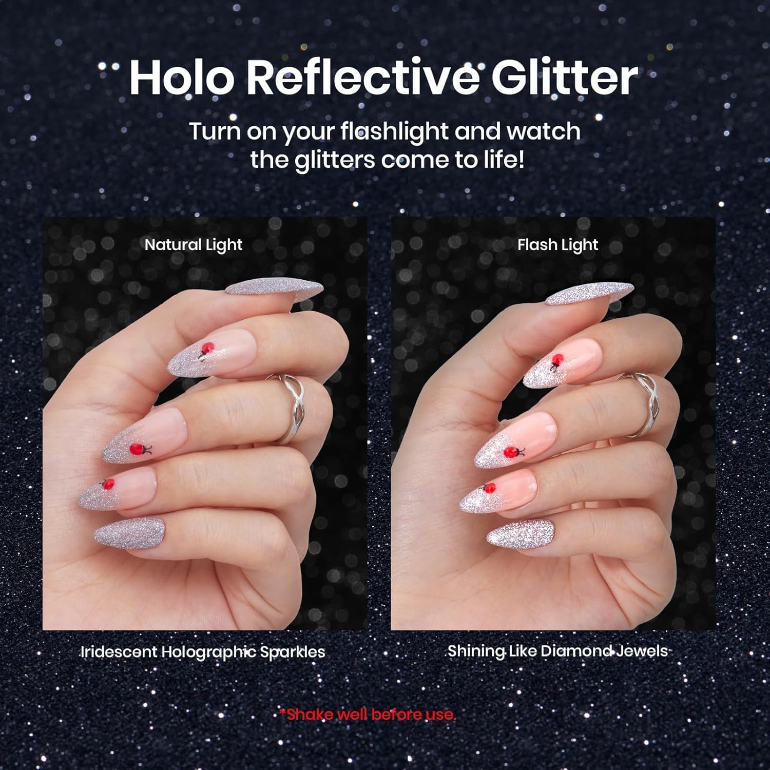 2 Pcs Silver & Golden Reflective Glitter Gel Nail Polish Kit for UV Lamp - Image 2