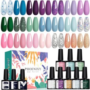 PHOENIXY 24 PCS Gel Nail Polish Kit,Blue Colors Gel Polish Set with Base Glossy Matte Top Coat Purple Pink Nail Polish Set