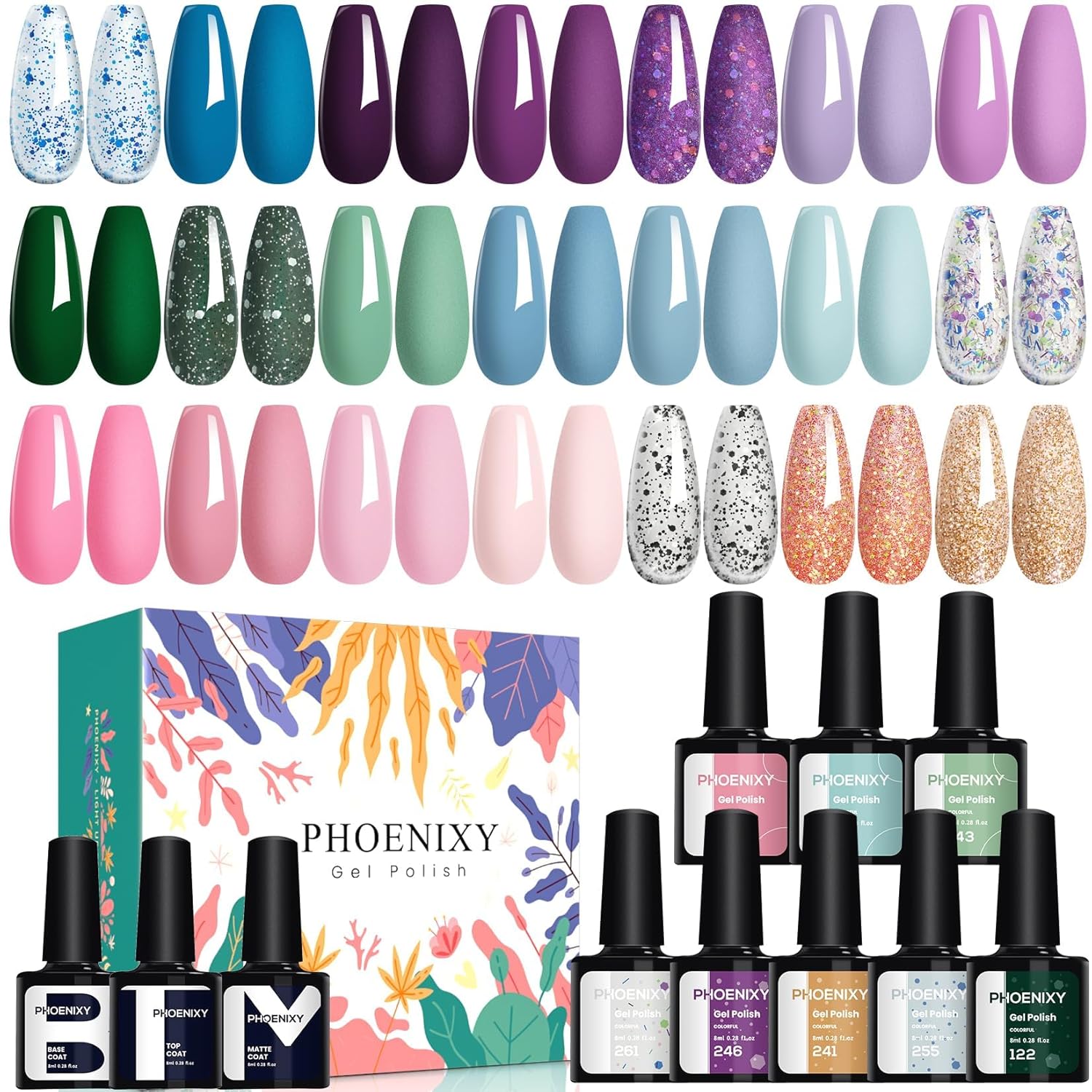 PHOENIXY 24 PCS Gel Nail Polish Kit,Blue Colors Gel Polish Set with Base Glossy Matte Top Coat Purple Pink Nail Polish Set