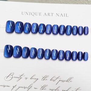 Short Press on Nails Indigo Fake Nails Medium Square False Nails with Shiny Designs Solid Color Designs Glue on Nails Blue Stick on Nails Full Cover Glossy Cute Acrylic Nails Winter Artificial Nails