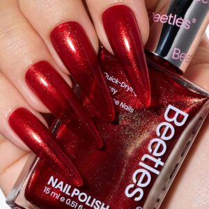 Beetles Red Glitter Nail Polish 1Pcs 15ml Ruby Radiance Red Color Nail Polish Air-Dry Shimmer Nail Polish for Nail Salon DIY Manicure