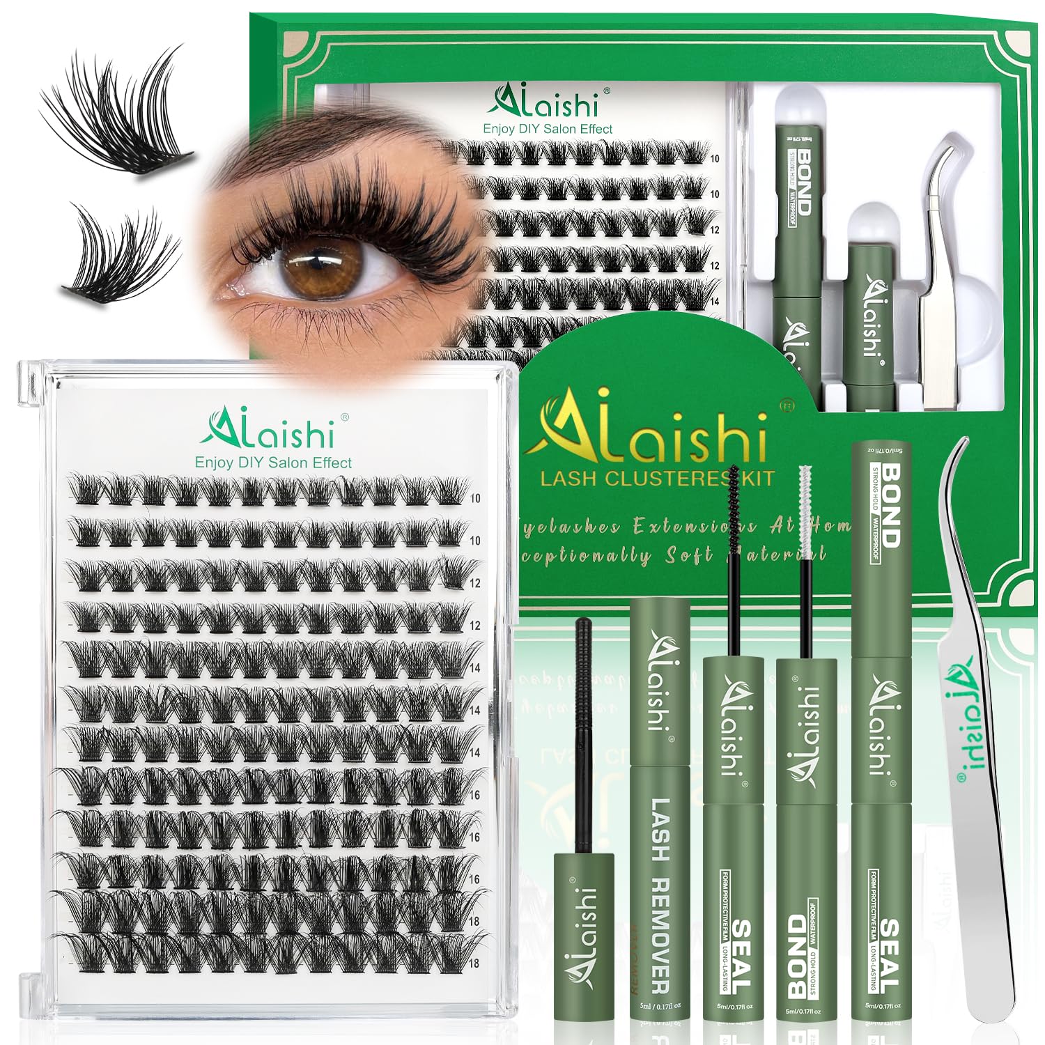 Lash Clusters Kit, DIY 3D Cluster Eyelash Extensions 10‑18mm,144pcs Fluffy D Curl Soft Natural Lashes with Bond and Seal,Remover,Tweezers, –Natural Fake Cat Eye Wispy Individual Clusters(DFW02MIX1-5)