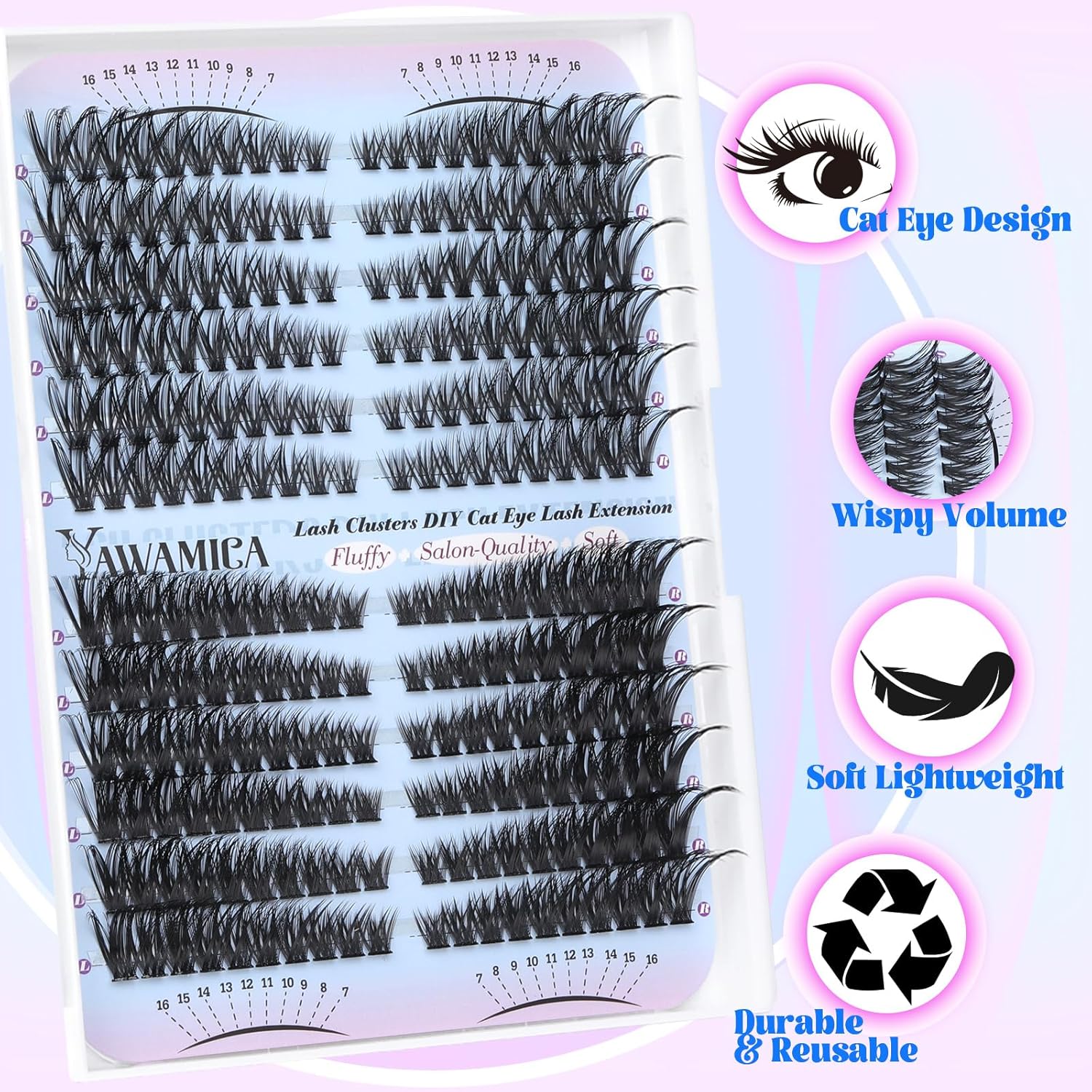 Yawamica 50D 80D Cat Eye Lash Extension Kit 240pcs Wispy Clusters 7-16mm - Image 6