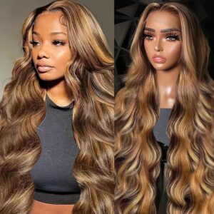 Honey Blonde Ombre Lace Front Wig Human Hair Highlight Body Wave 13X6 Lace Front Wigs Human Hair Pre Plucked HD Frontal 180 Density Glueless 4/27 Highlighted Human Hair Wig 28 Inch